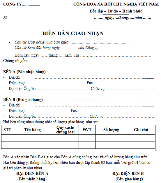 Mẫu biên bản bàn giao hàng hóa Tiếng Việt